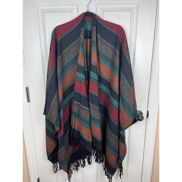ASOS Womens One Size Red Black Boho Southwestern Poncho Sweater Wool Blend - Picture 2 of 5